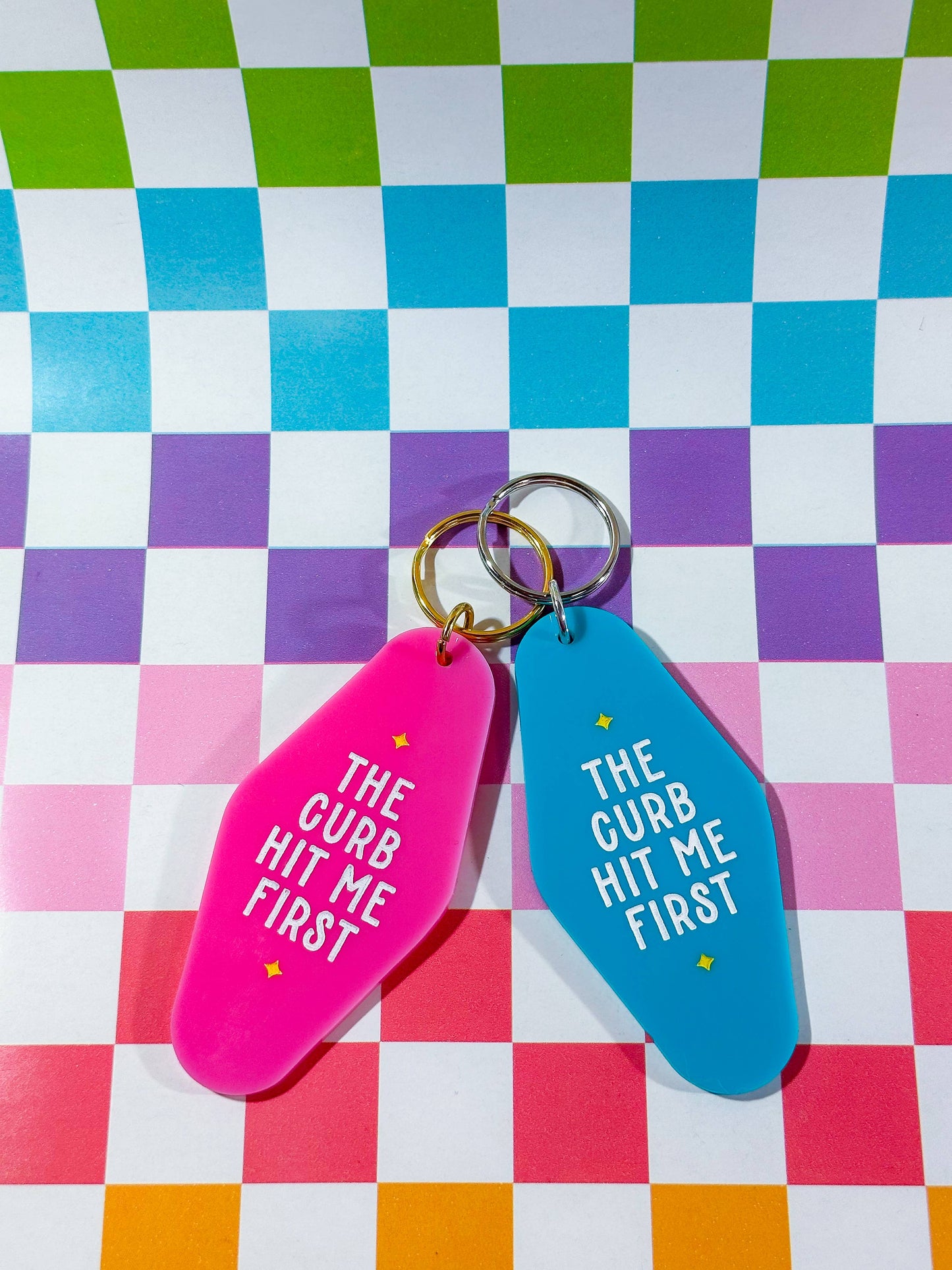 The Curb Hit Me First - Engraved & Hand Painted Keychain!: Gold / Pink