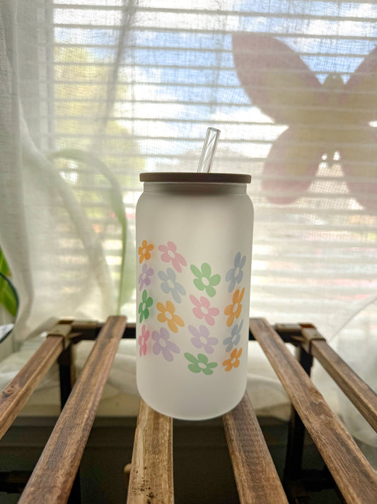 Retro Wavy Flowers Boho Glass Can 16 oz