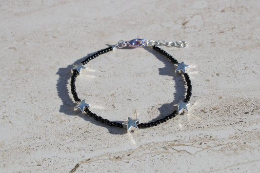 Black Beaded Bracelet with Silver Star Charms