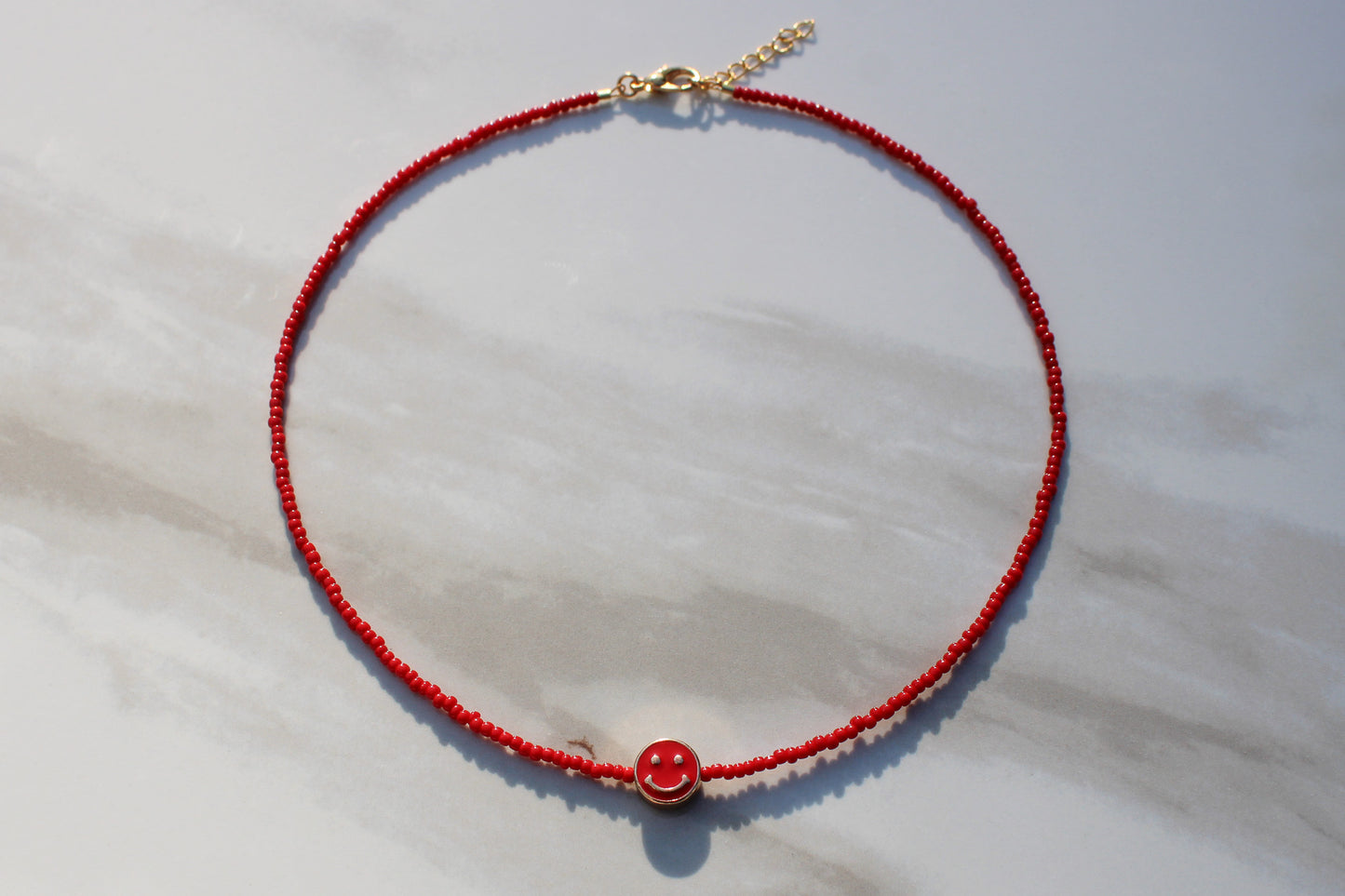 Red Smiley Face Seed Bead Necklace