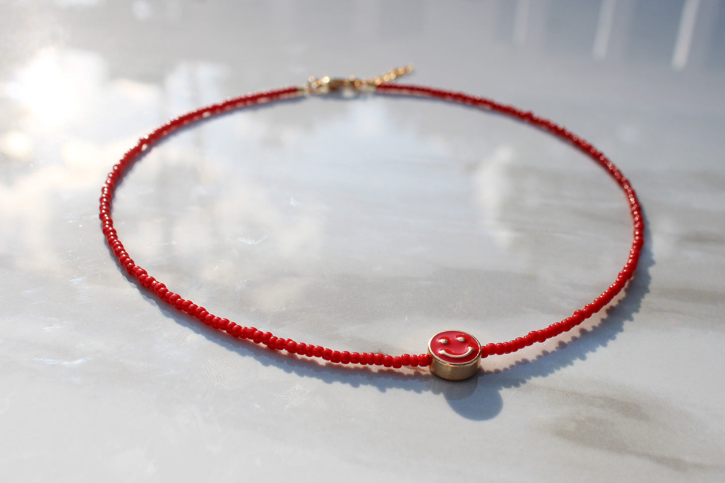 Red Smiley Face Seed Bead Necklace