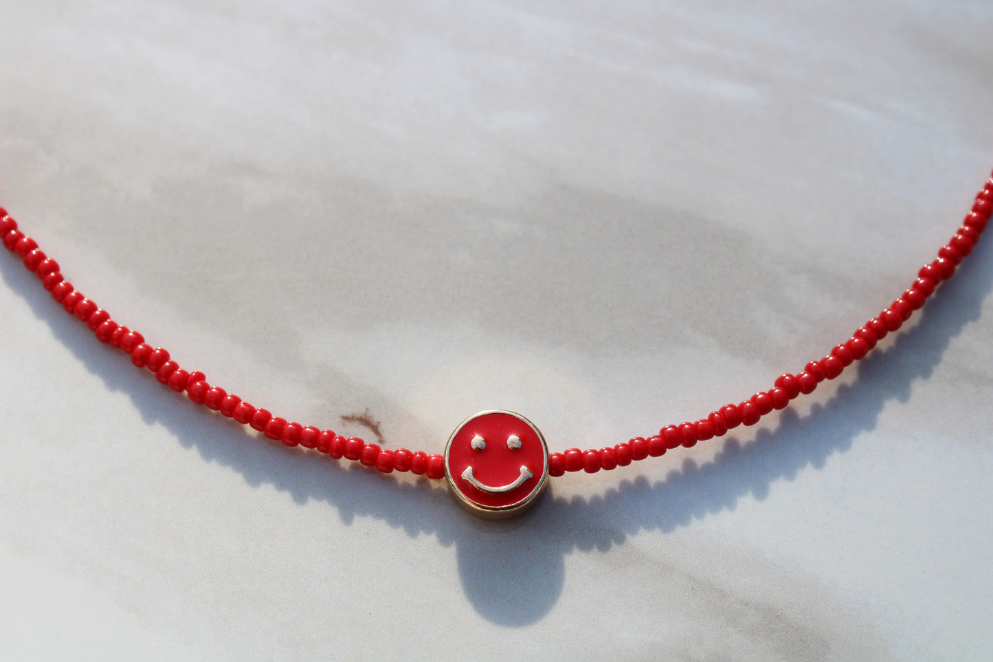 Red Smiley Face Seed Bead Necklace