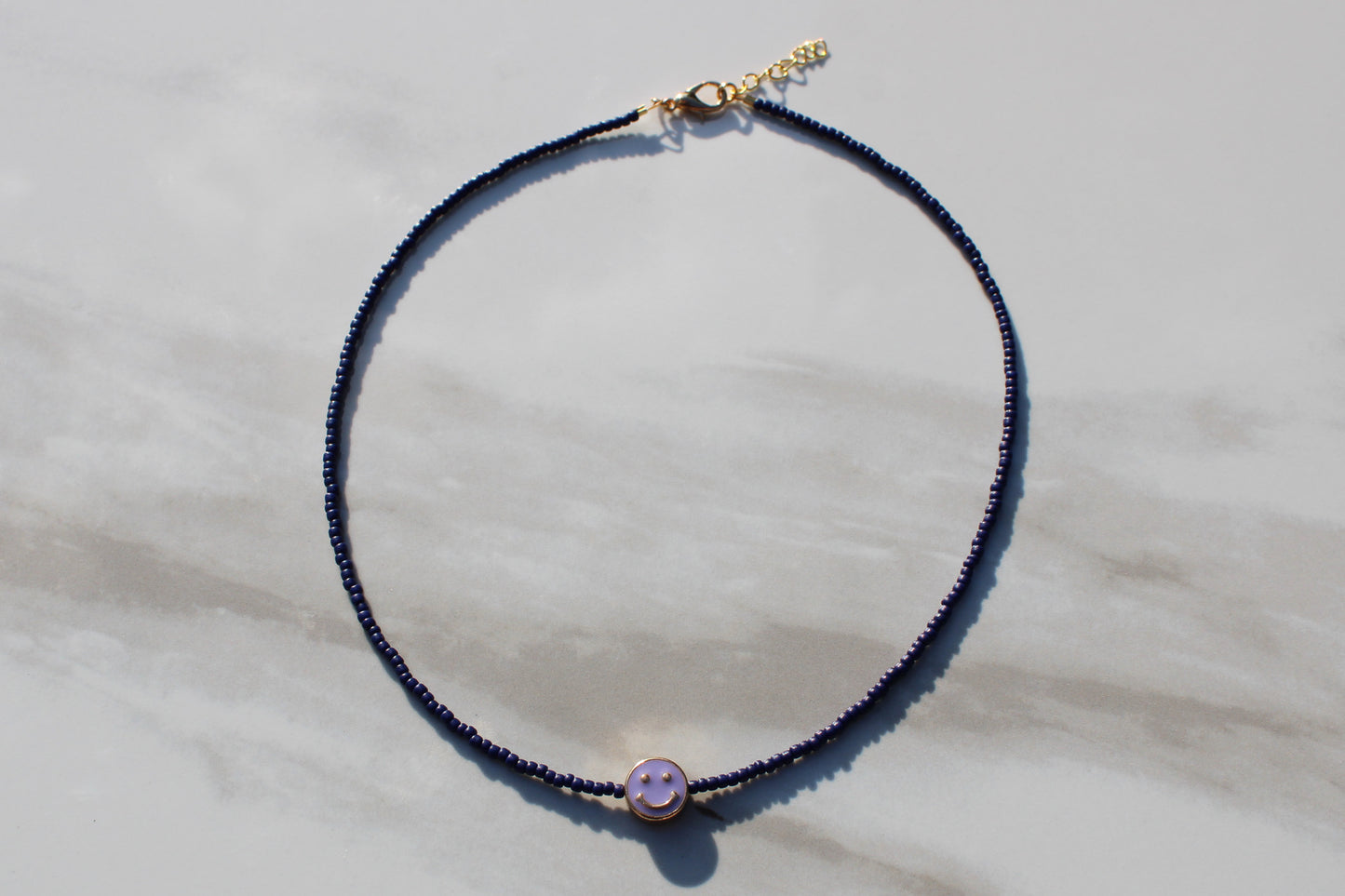 Lavender and Navy Smiley Face Seed Bead Necklace