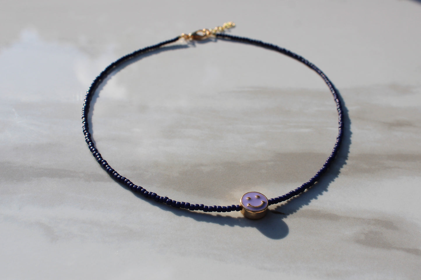 Lavender and Navy Smiley Face Seed Bead Necklace