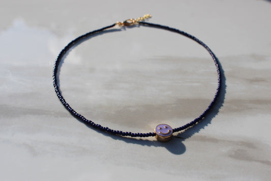 Lavender and Navy Smiley Face Seed Bead Necklace