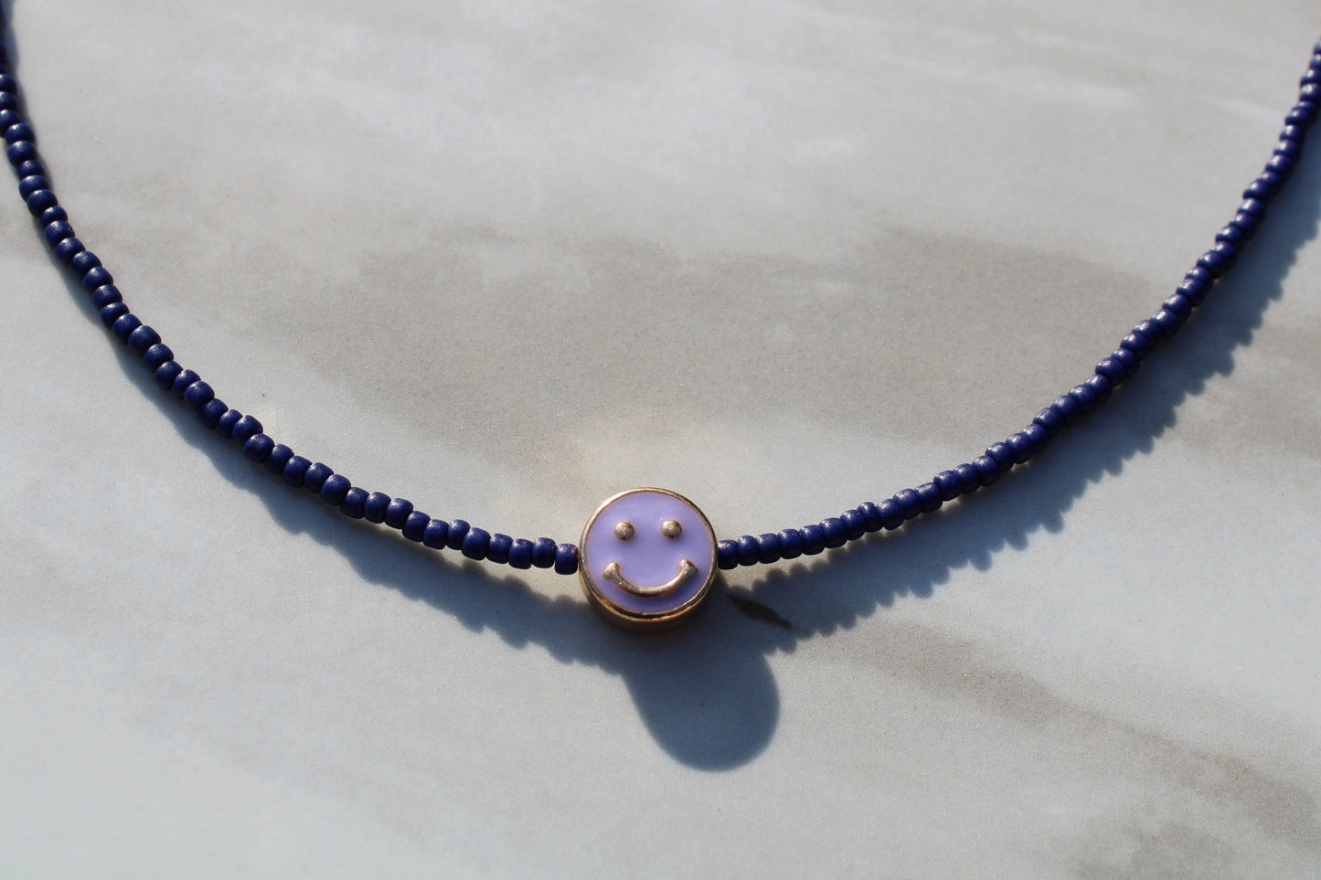 Lavender and Navy Smiley Face Seed Bead Necklace