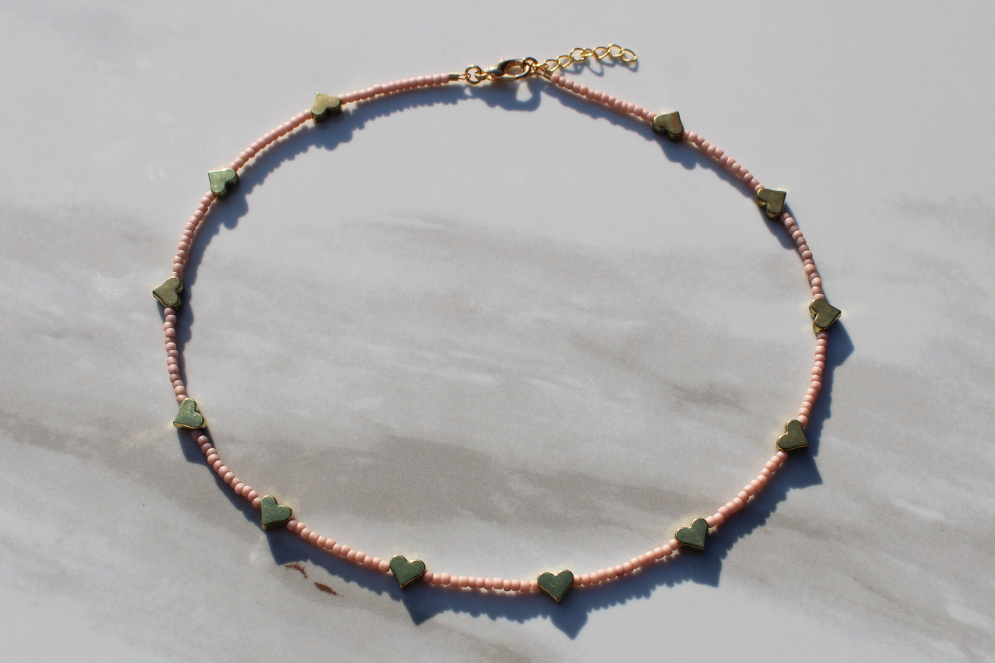 Pale Pink Seed Bead Choker Necklace with Antique Gold Heart Beads