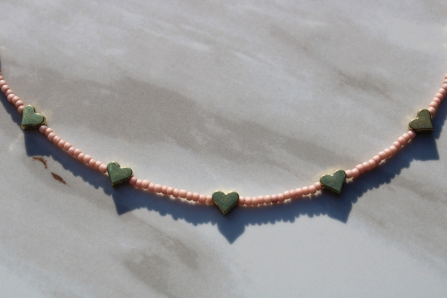 Pale Pink Seed Bead Choker Necklace with Antique Gold Heart Beads