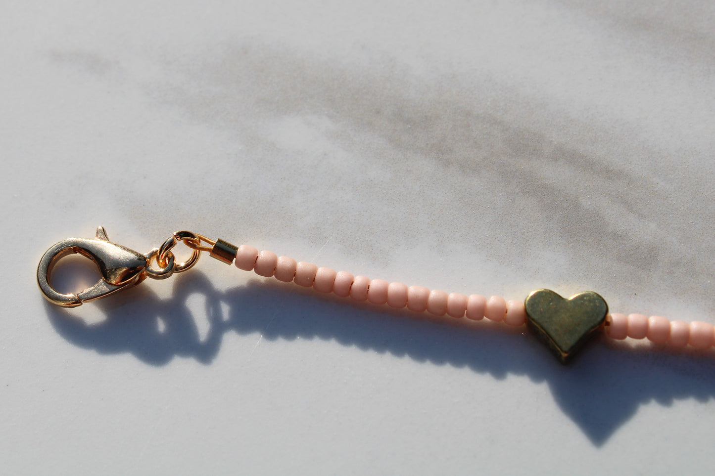 Pale Pink Seed Bead Choker Necklace with Antique Gold Heart Beads