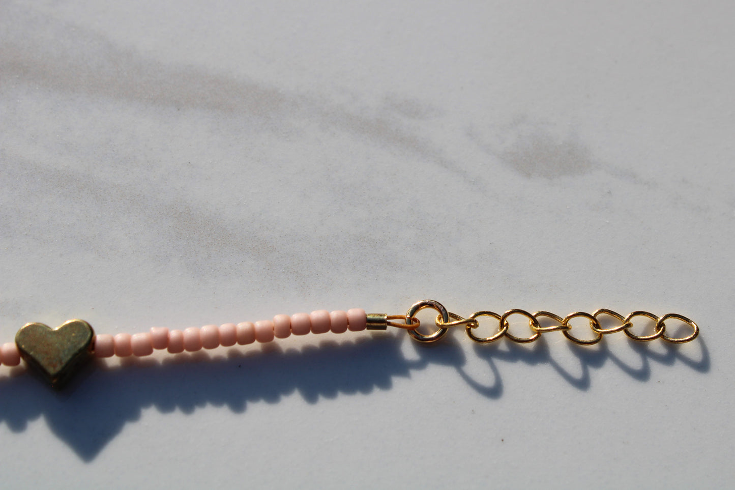 Pale Pink Seed Bead Choker Necklace with Antique Gold Heart Beads