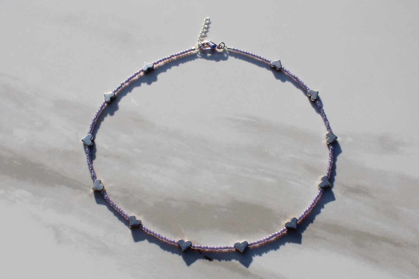 Pastel Purple and Silver Heart Charm Beaded Necklace