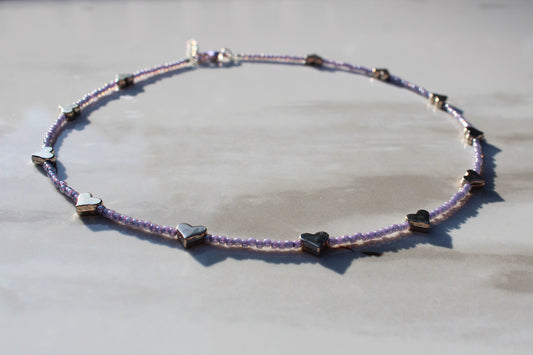 Pastel Purple and Silver Heart Charm Beaded Necklace