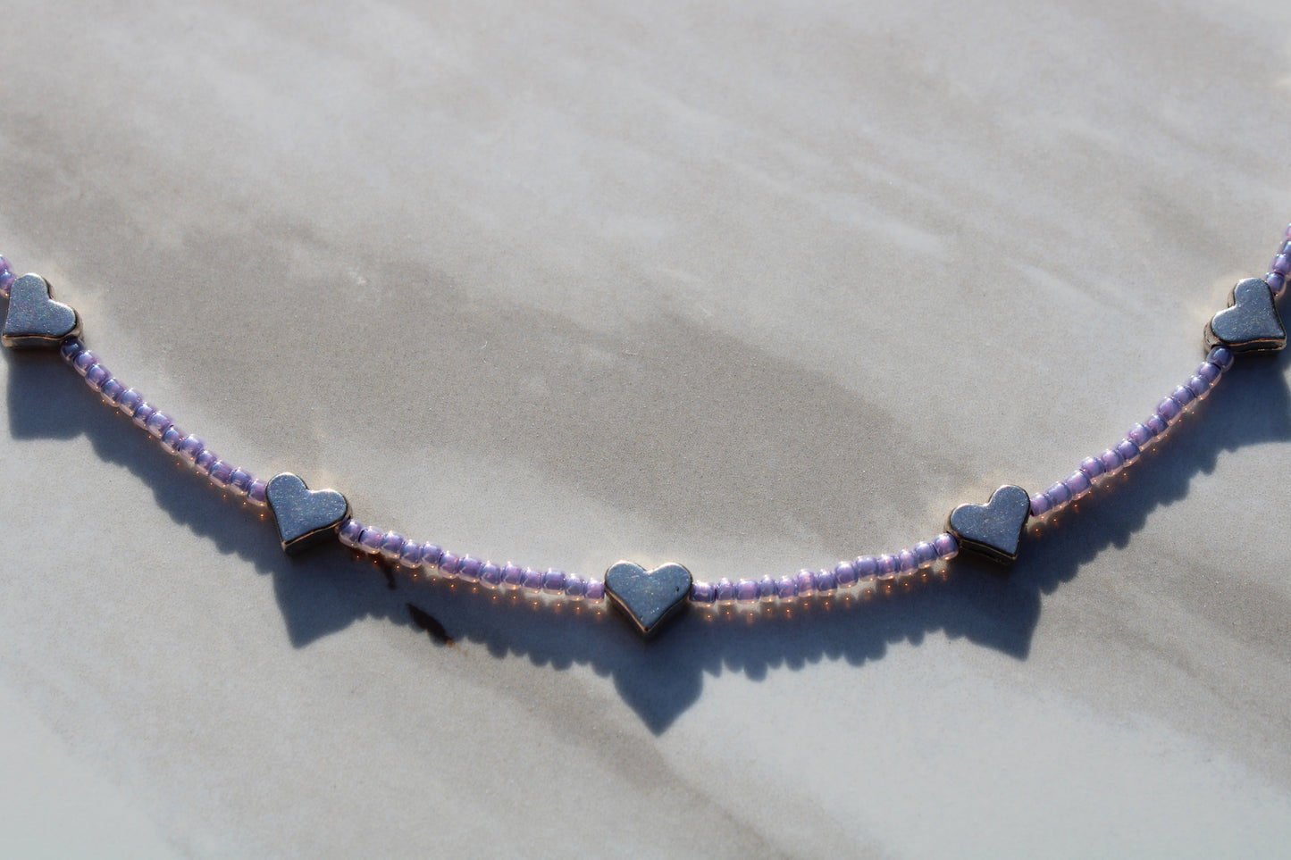 Pastel Purple and Silver Heart Charm Beaded Necklace