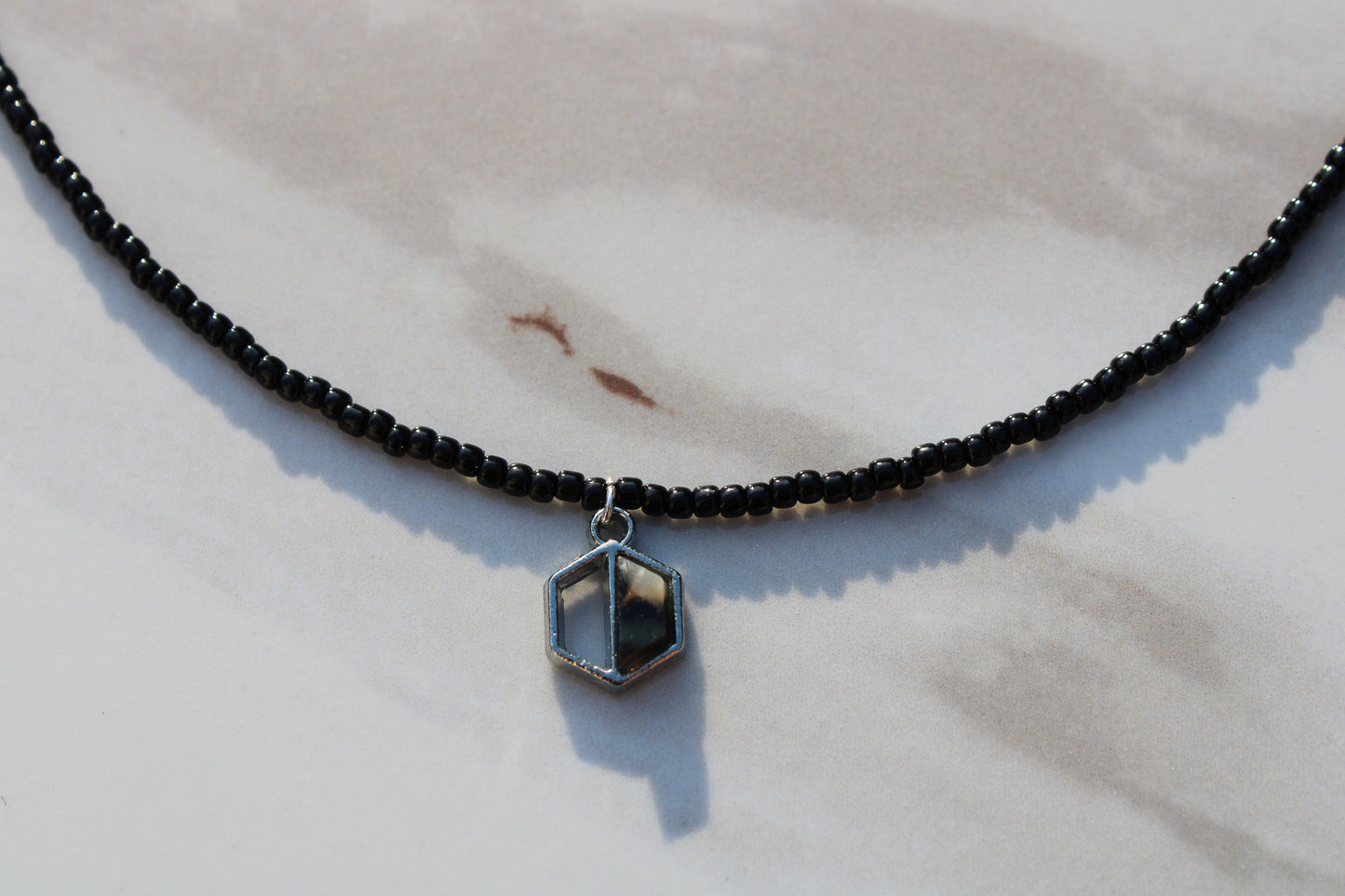 Black Hexagon Charm Beaded Necklace