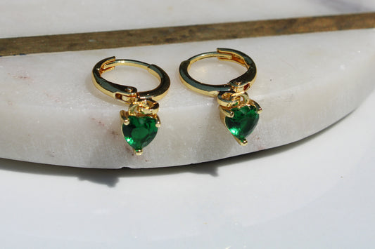 Heart Charm Huggie Hoop Earrings in Emerald and Gold