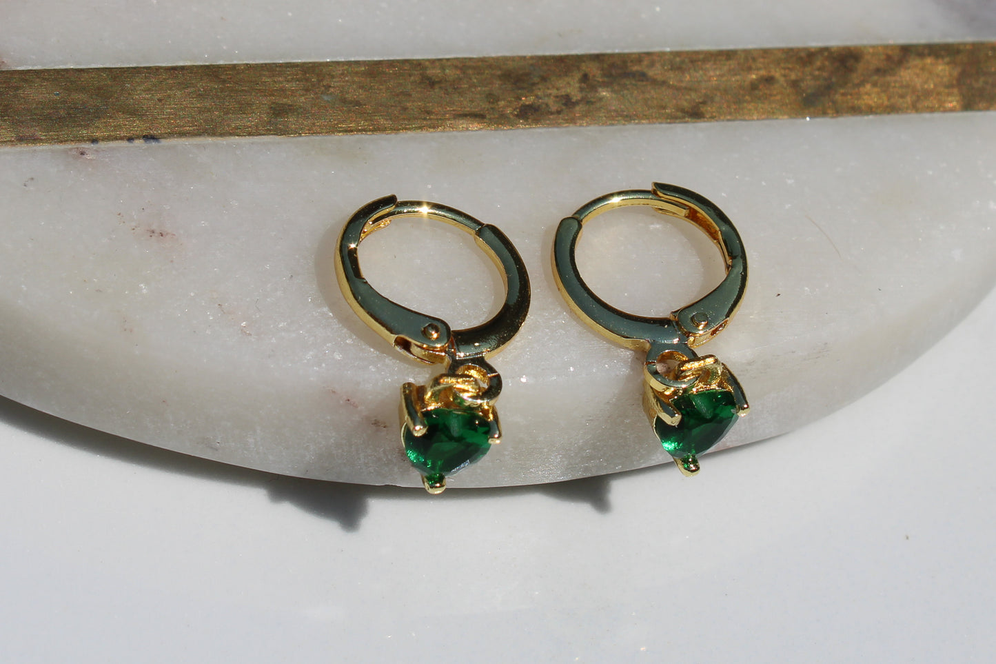 Heart Charm Huggie Hoop Earrings in Emerald and Gold