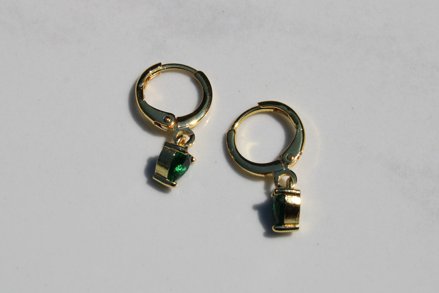 Heart Charm Huggie Hoop Earrings in Emerald and Gold