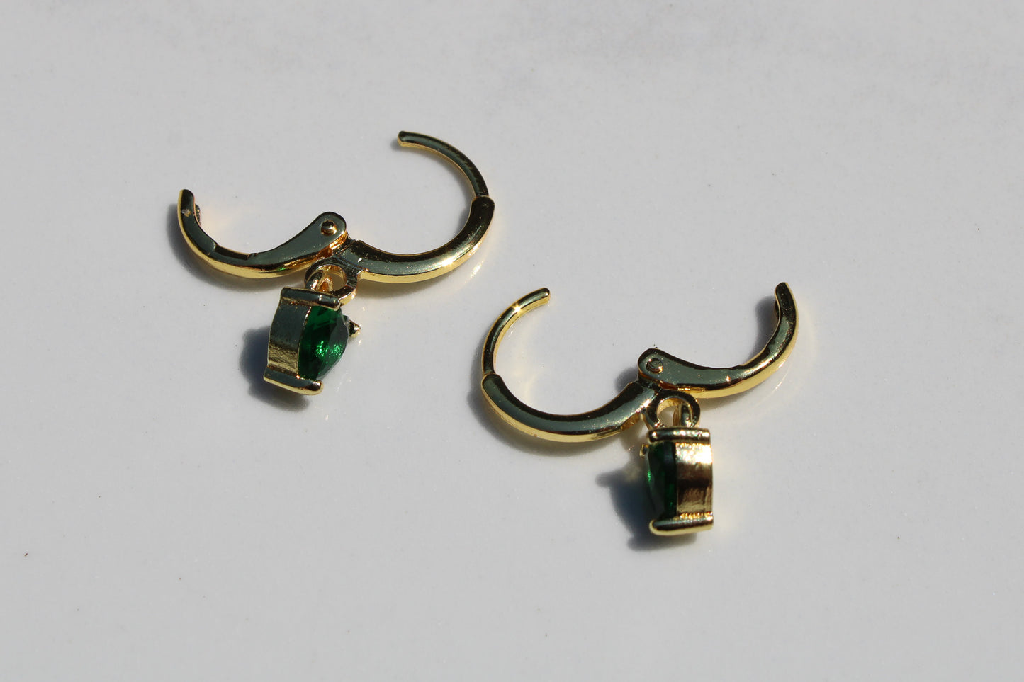 Heart Charm Huggie Hoop Earrings in Emerald and Gold