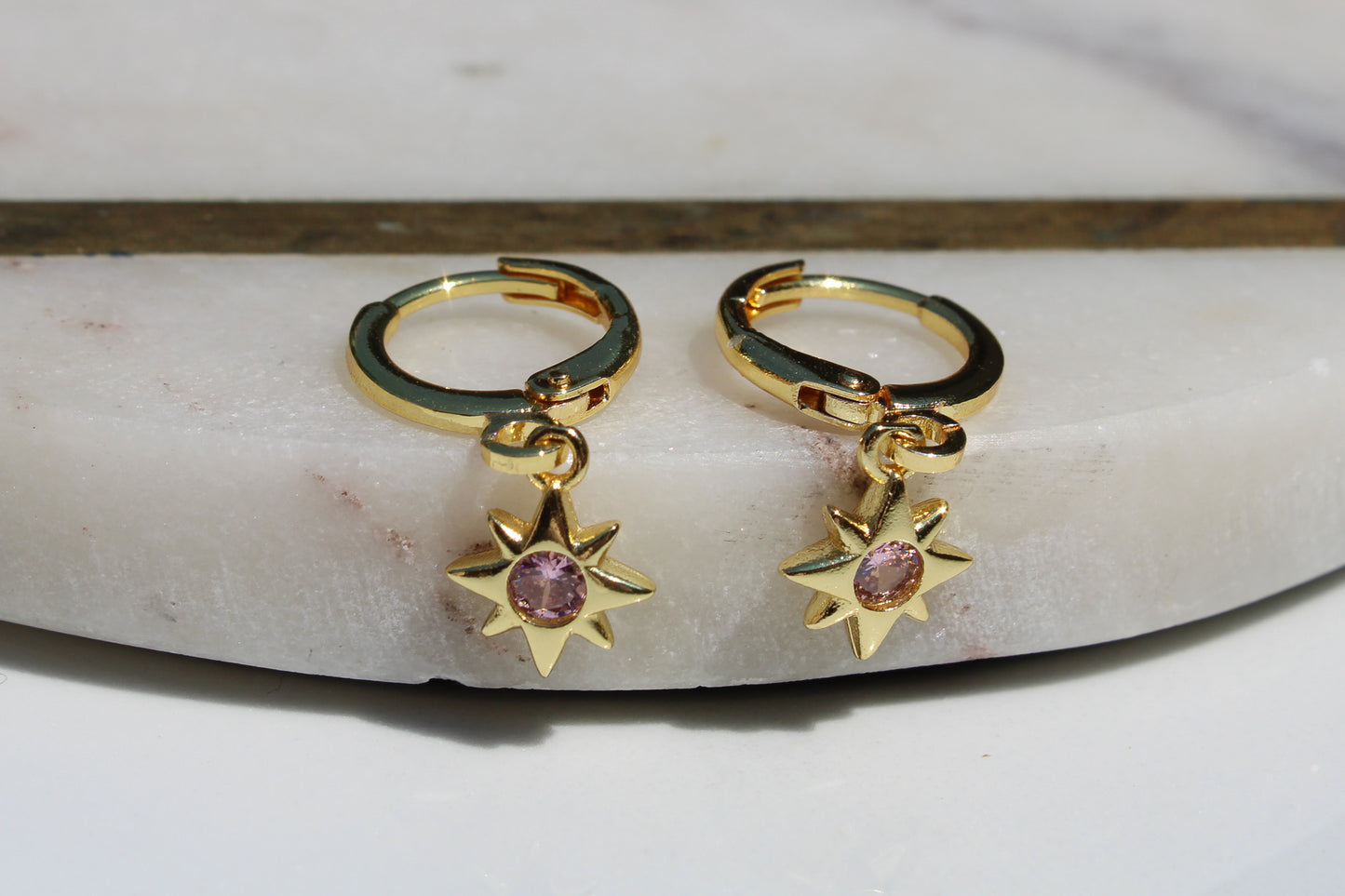 North Star Charm Huggie Hoop Earrings in Light Pink and Gold