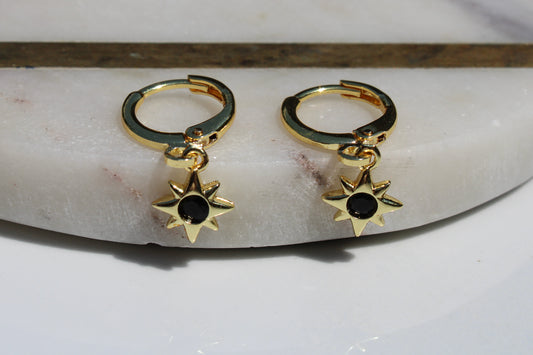 North Star Charm Huggie Hoop Earrings in Black and Gold