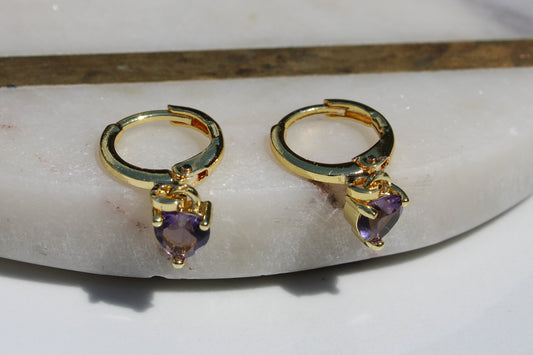 Heart Charm Huggie Hoop Earrings in Light Purple and Gold