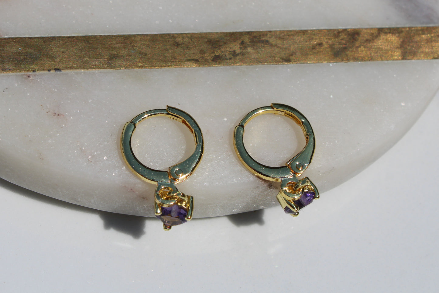 Heart Charm Huggie Hoop Earrings in Light Purple and Gold