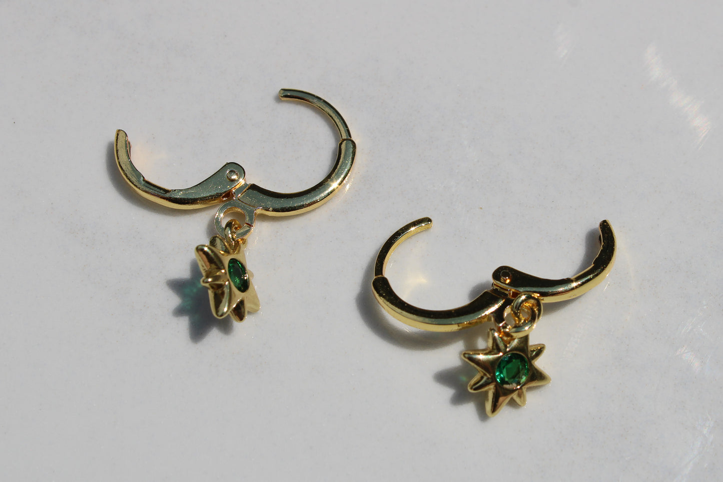 North Star Charm Huggie Hoop Earrings in Emerald Green and Gold