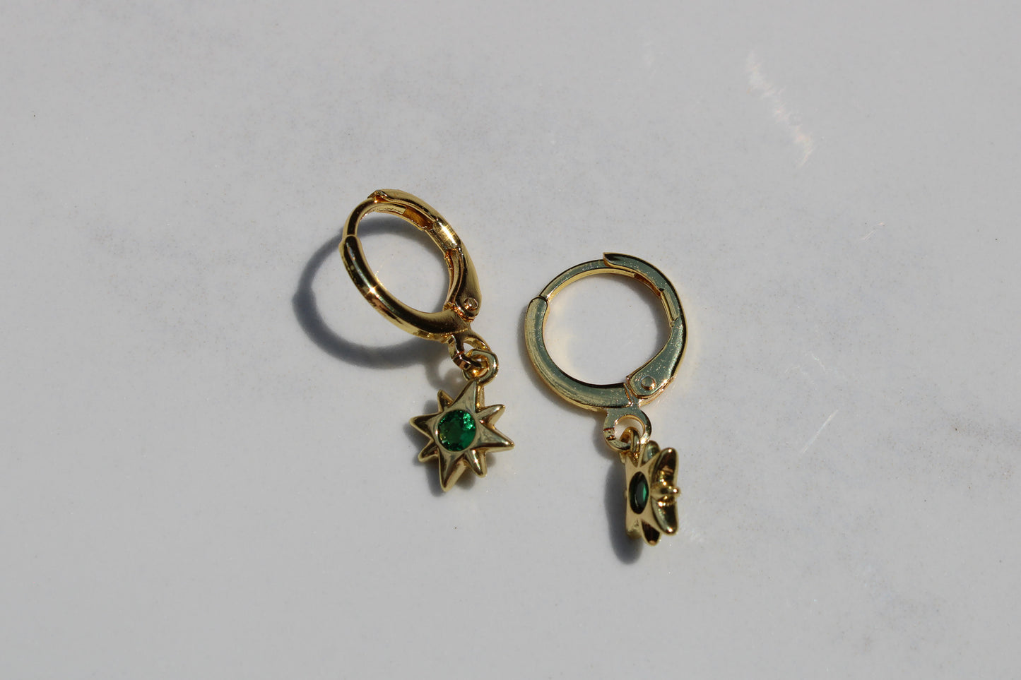 North Star Charm Huggie Hoop Earrings in Emerald Green and Gold