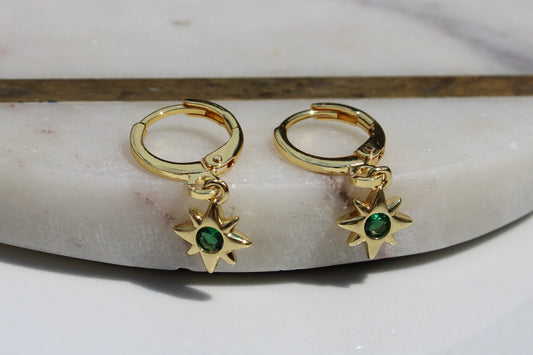 North Star Charm Huggie Hoop Earrings in Emerald Green and Gold