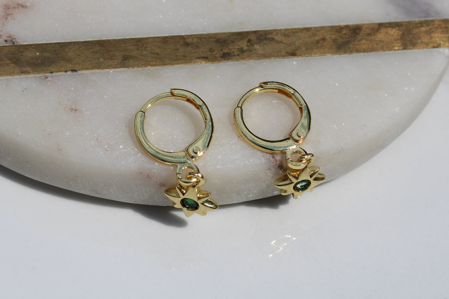 North Star Charm Huggie Hoop Earrings in Emerald Green and Gold