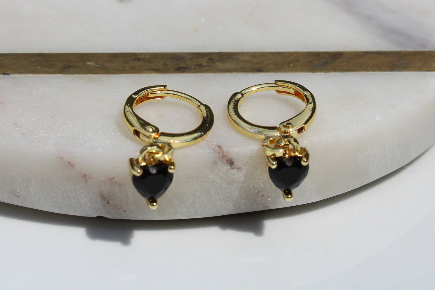 Heart Charm Huggie Hoop Earrings in Black and Gold