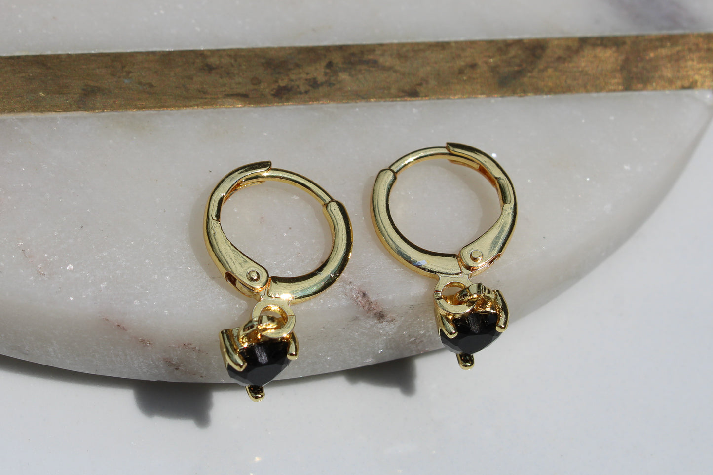 Heart Charm Huggie Hoop Earrings in Black and Gold