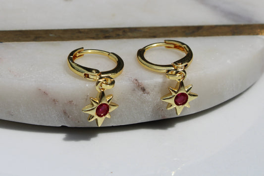 North Star Charm Huggie Hoop Earrings in Hot Pink and Gold