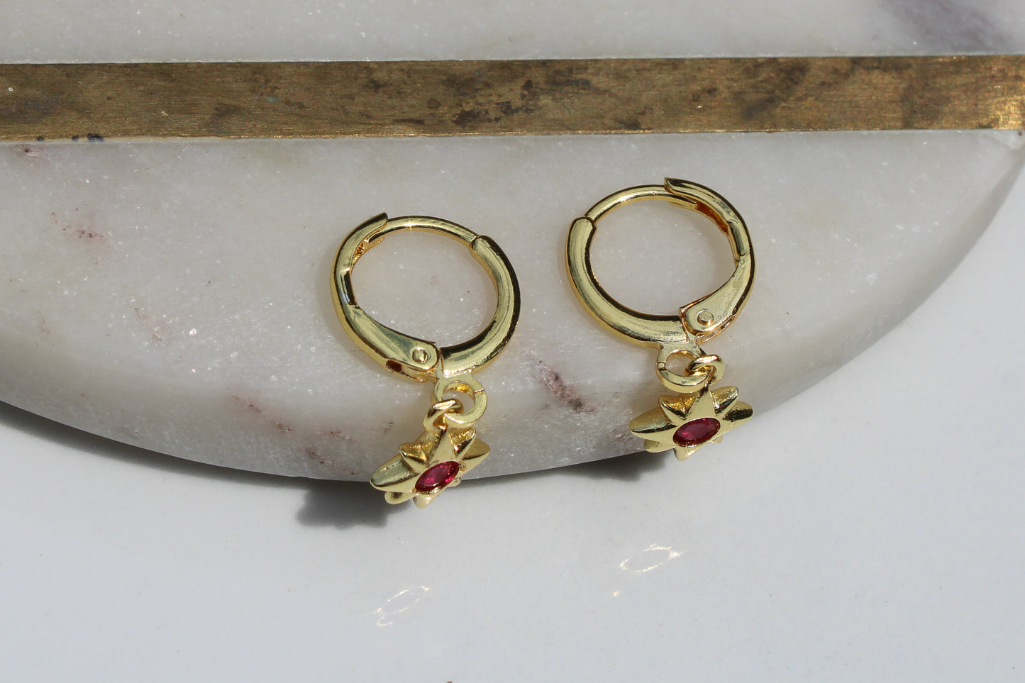 North Star Charm Huggie Hoop Earrings in Hot Pink and Gold