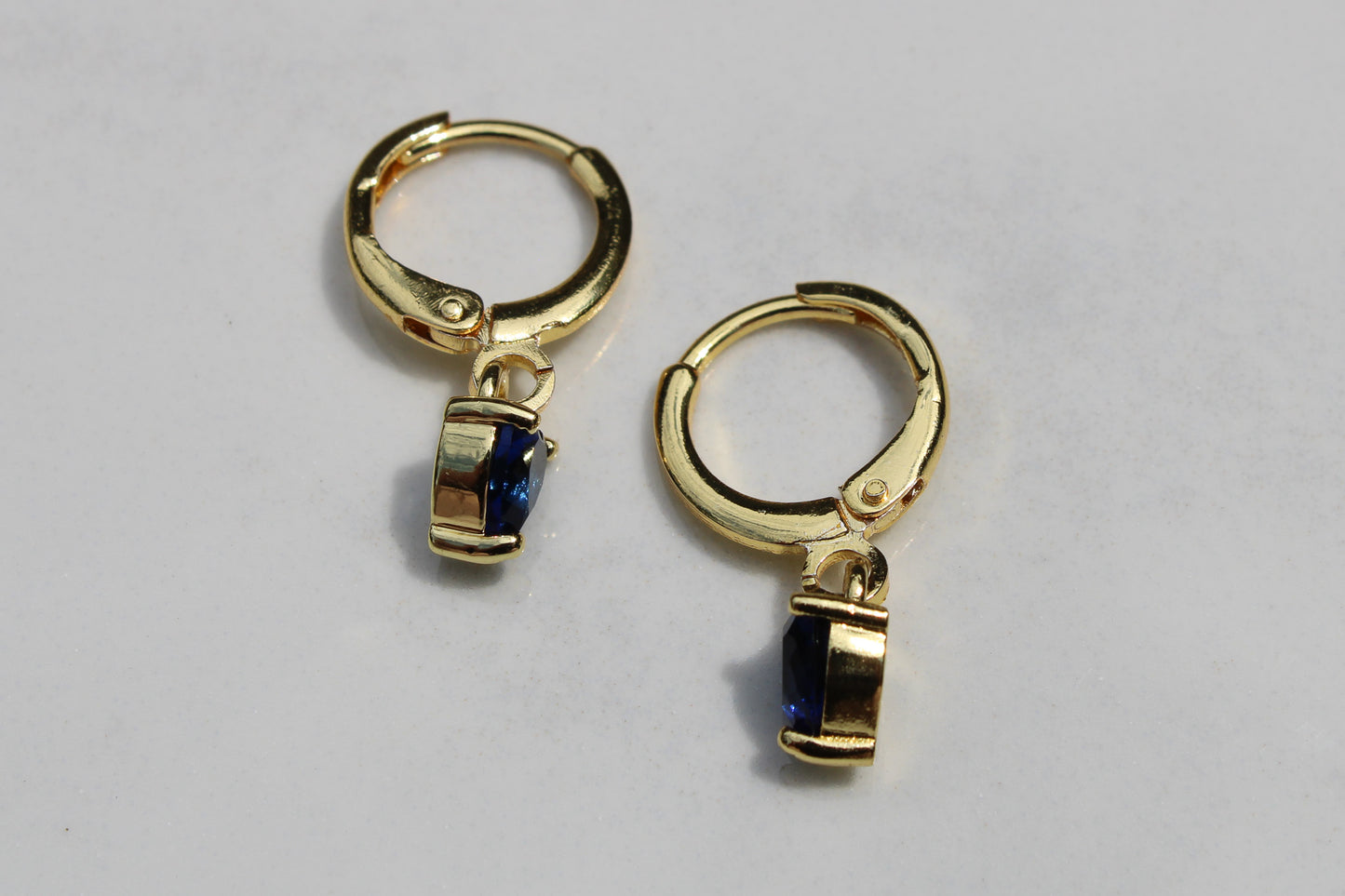 Heart Charm Huggie Hoop Earrings in Sapphire Blue and Gold