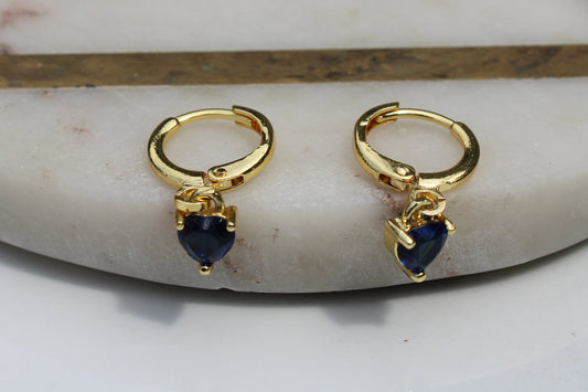 Heart Charm Huggie Hoop Earrings in Sapphire Blue and Gold