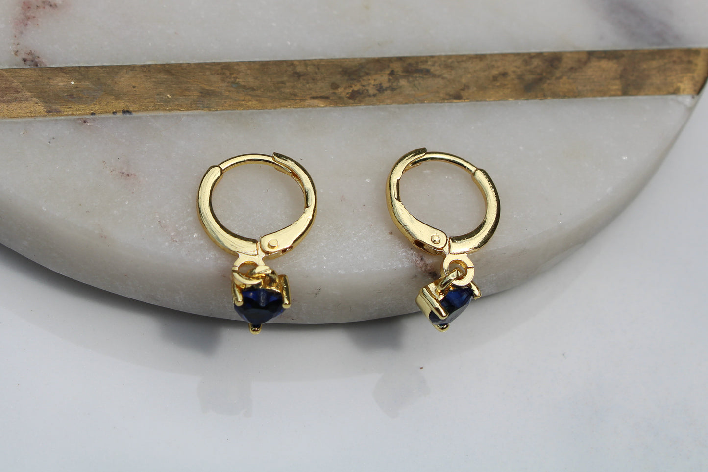 Heart Charm Huggie Hoop Earrings in Sapphire Blue and Gold