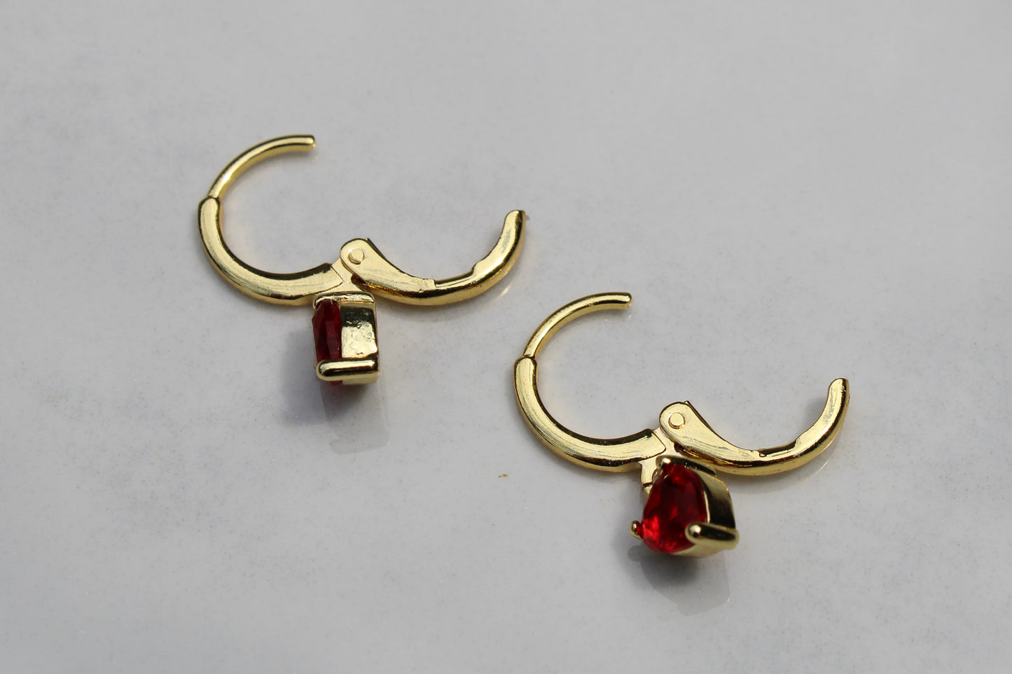 Heart Charm Huggie Hoop Earrings in Ruby Red and Gold