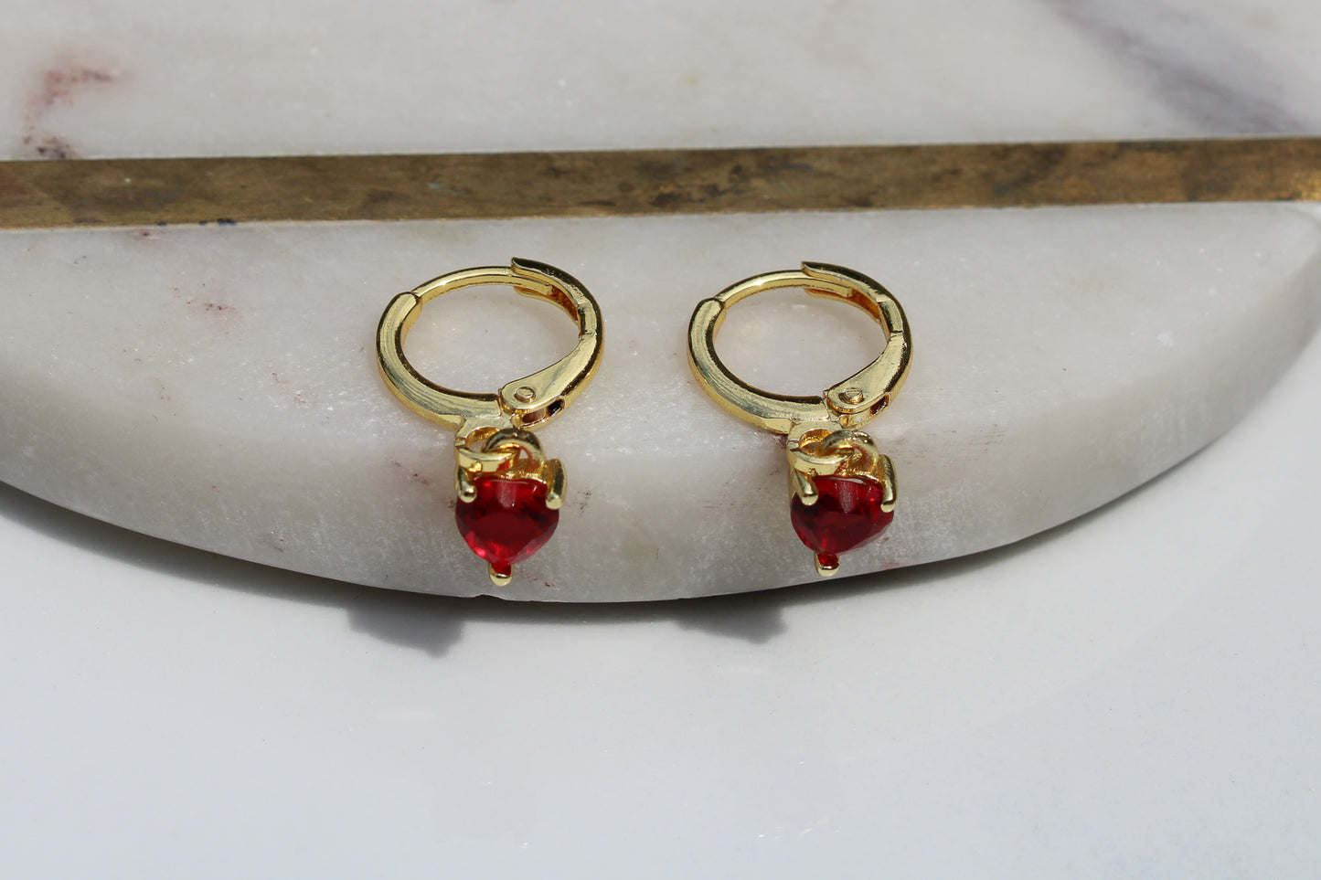 Heart Charm Huggie Hoop Earrings in Ruby Red and Gold