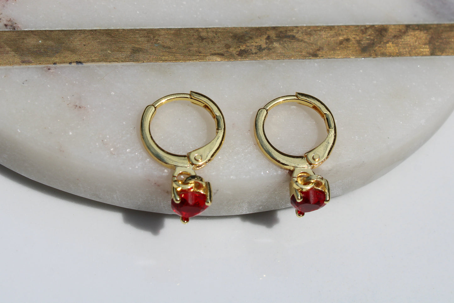 Heart Charm Huggie Hoop Earrings in Ruby Red and Gold