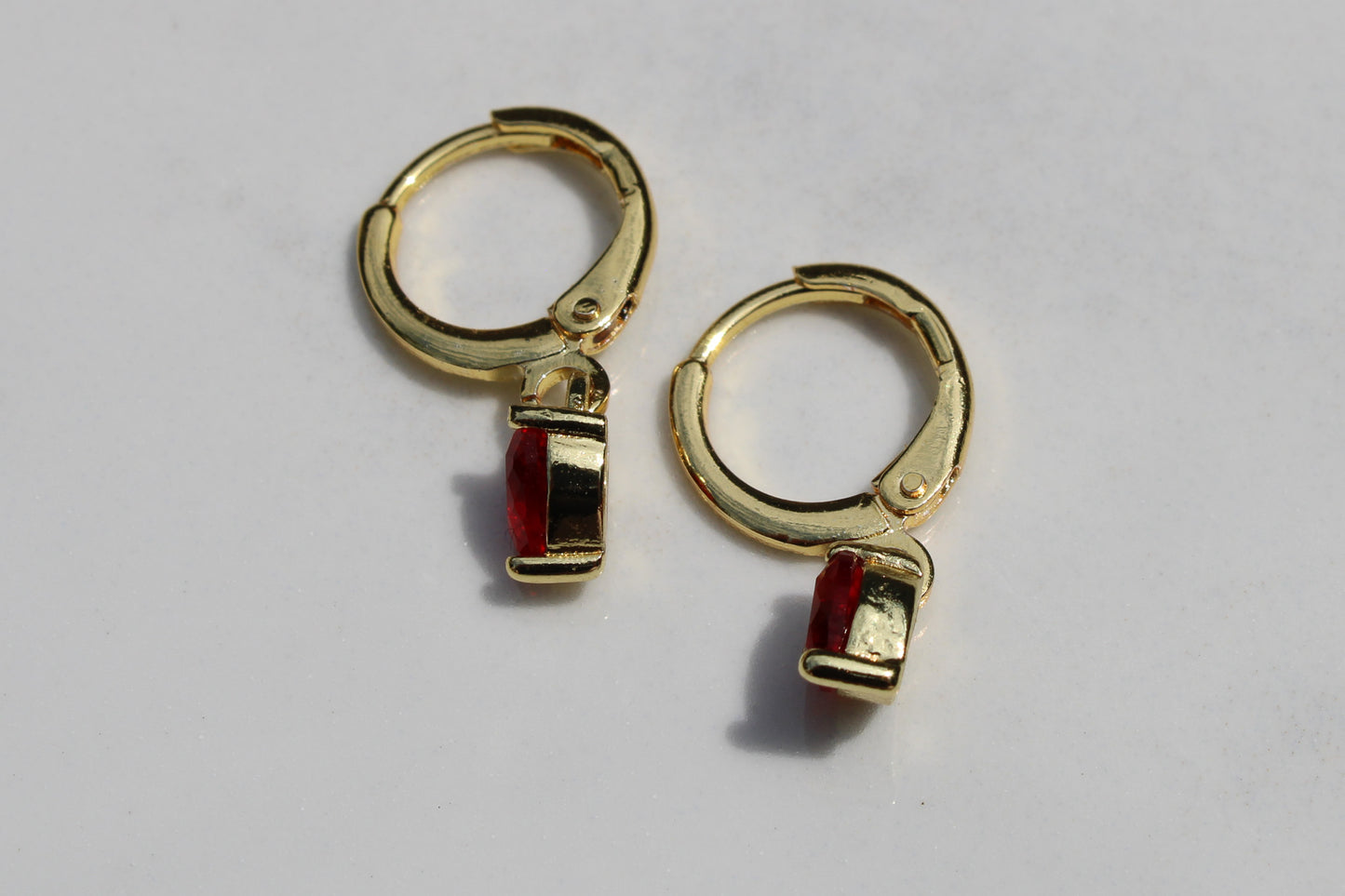 Heart Charm Huggie Hoop Earrings in Ruby Red and Gold