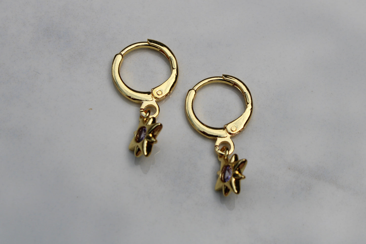 North Star Charm Huggie Hoop Earrings in Light Purple and Gold