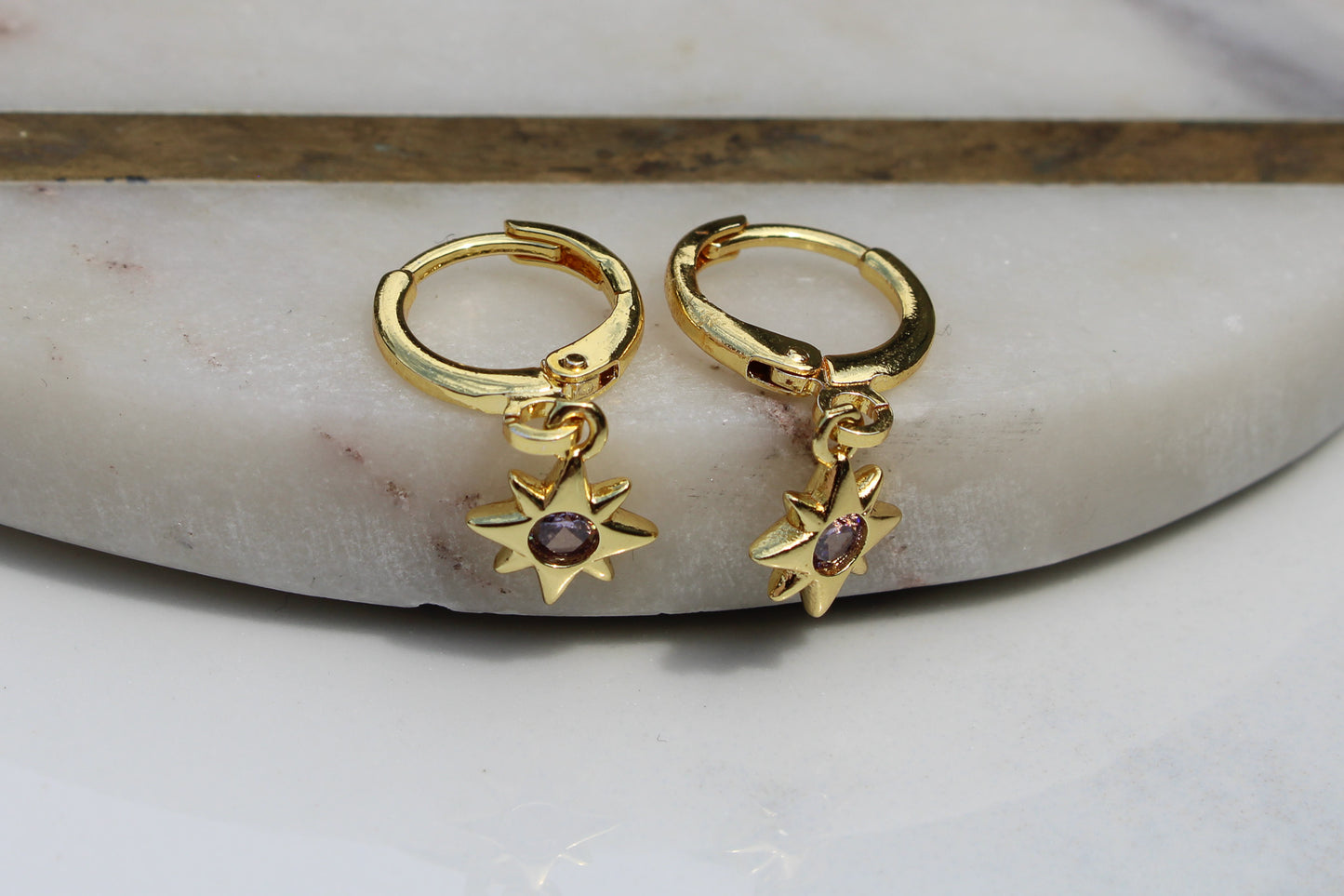 North Star Charm Huggie Hoop Earrings in Light Purple and Gold