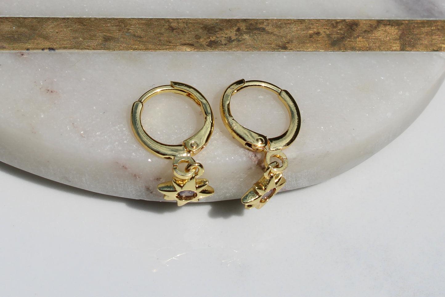 North Star Charm Huggie Hoop Earrings in Light Purple and Gold