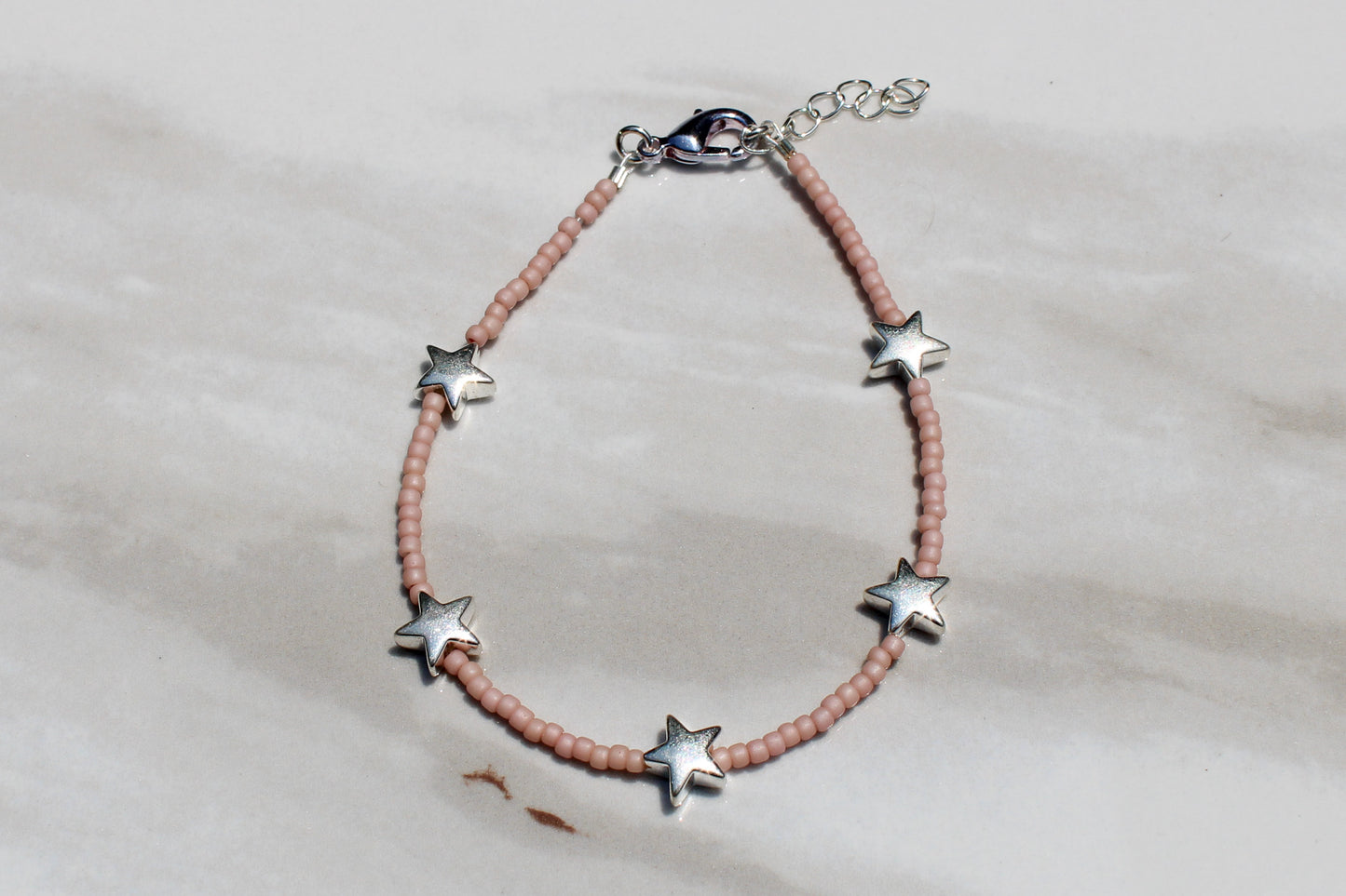 Silver Star Charm Pale Pink Seed Bead Bracelet