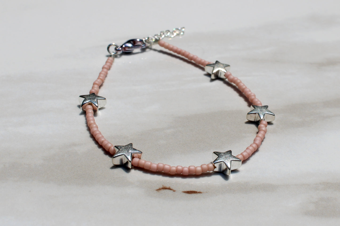 Silver Star Charm Pale Pink Seed Bead Bracelet