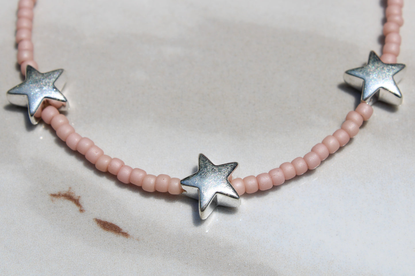 Silver Star Charm Pale Pink Seed Bead Bracelet