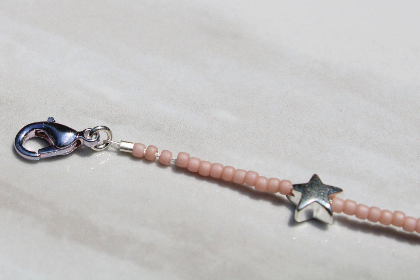 Silver Star Charm Pale Pink Seed Bead Bracelet