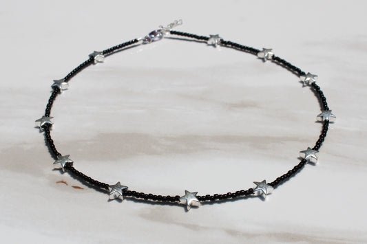 Black Seed Bead Choker Necklace with Silver Star Beads