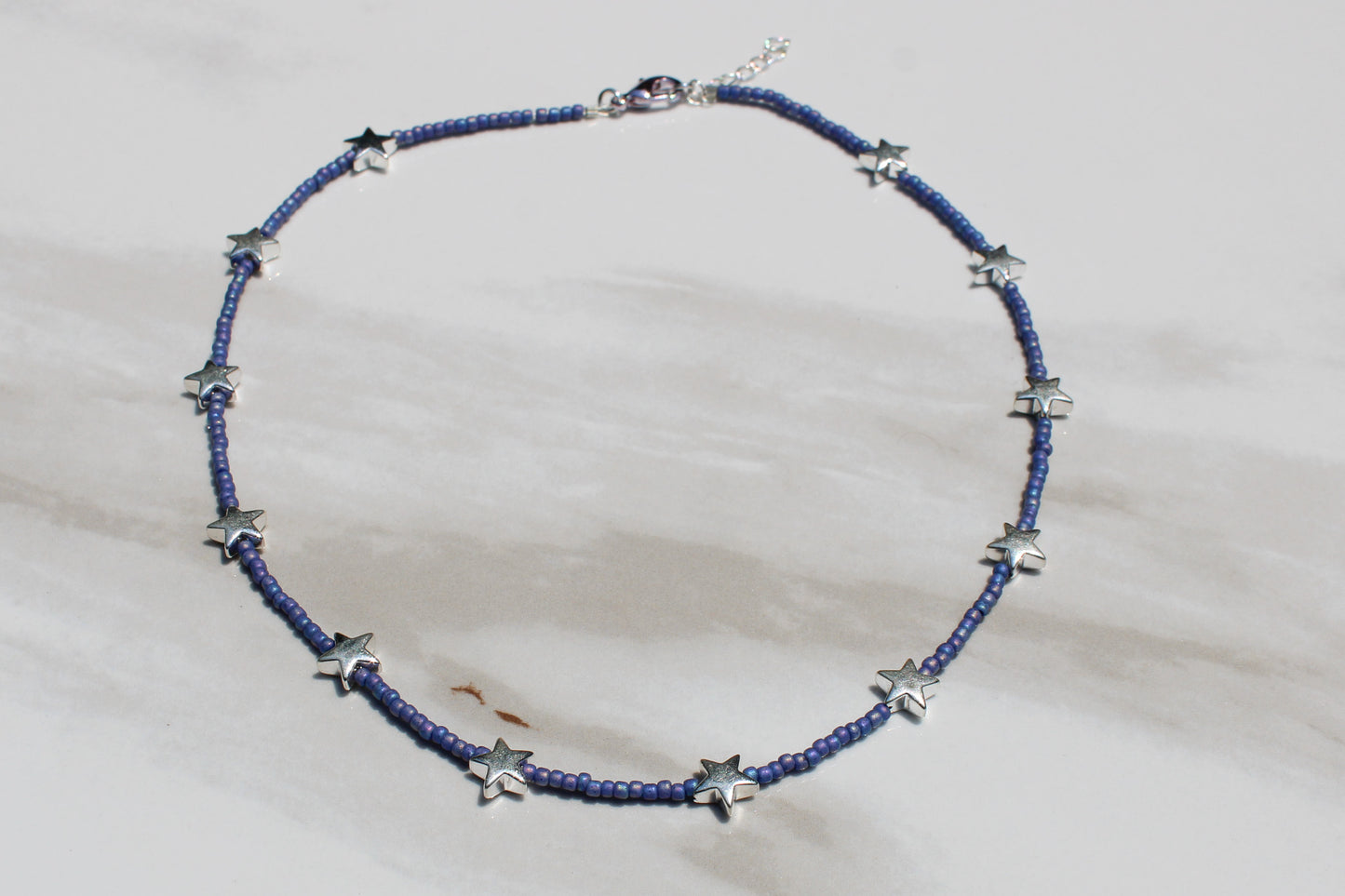 Blue Seed Bead Choker Necklace with Silver Star Beads